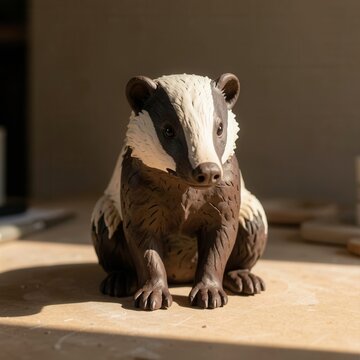 handcrafted ceramic badger figurine sitting on wooden workshop table in warm afternoon sunlight