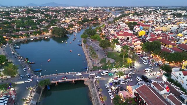 Aerial panorama of Hoi An at night during traditional