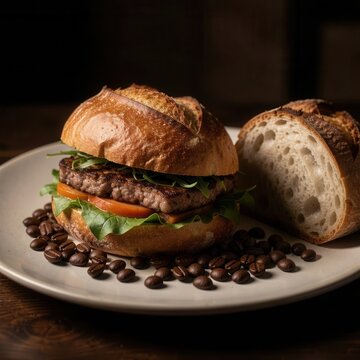 Artisanal grilled burger on crusty artisan bread roll garnished with fresh arugula and tomato served over roasted coffee beans