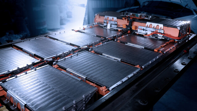 EV car service. Electric vehicle battery pack being serviced or inspected in automotive workshop. Large battery modules and high voltage components. Modern EV power systems. Lithium ion NMC NCA or LFP
