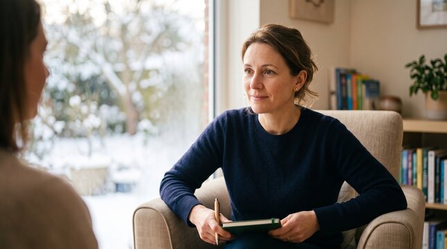Therapist listening to client during a winter mental health session