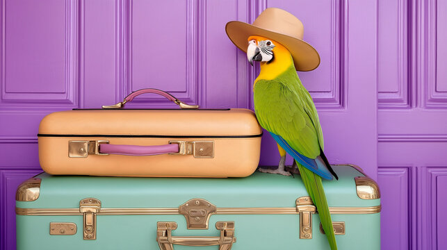 Colorful parrot in a straw hat perches on stacked vintage suitcases. Great for stylish posters, promotional graphics and modern visual storytelling.