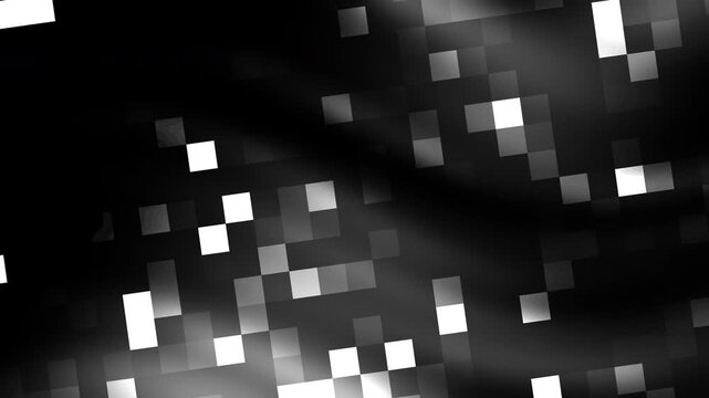 Dynamic white square halftone pattern on black background. Abstract geometric pixel texture animation for modern digital design.
