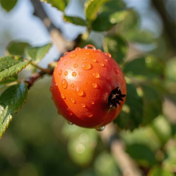macro view of a fresh ripe orange rose hip covered with morning water droplets hanging from a bush branch