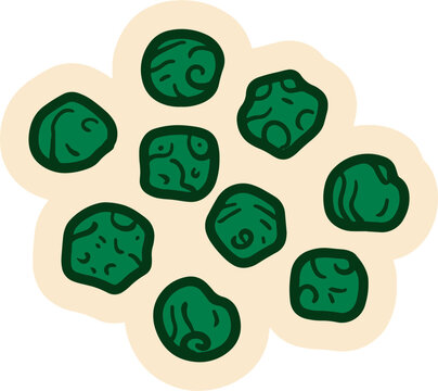 A cluster of green beans or peas, each with a unique doodle-like design, against a soft, creamy background