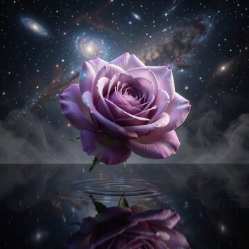 ethereal purple rose floating above dark reflective water ripples under a starry galaxy night sky