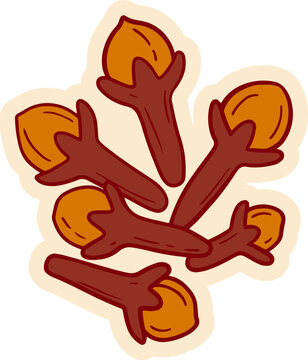 A delightful illustration of several dried cloves, a common spice with a distinct aroma and flavor. The cloves are a rich brown color with a small, bulbous head and a long, slender stem