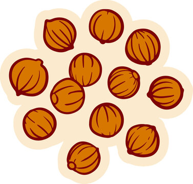 An artistic illustration of coriander seeds arranged in a circular pattern. The seeds are depicted in warm brown tones with subtle ribbed details, set against a cream-colored, cloud-like background