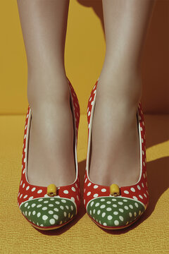 Mismatched red and green fruit-patterned pumps face forward. Ideal for fashion editorials, advertising and contemporary lifestyle campaigns.