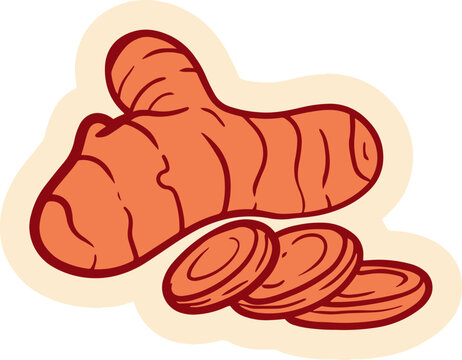 An illustration of a turmeric root and slices on a beige background