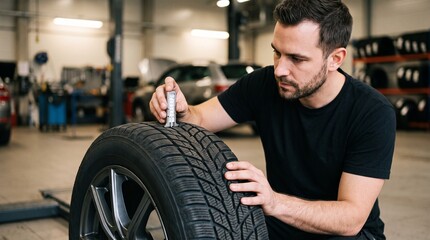 Obraz premium Mechanic inspecting tire tread in auto service workshop with copy space