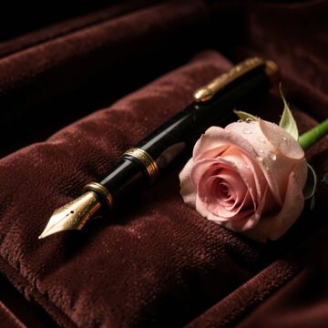vintage black fountain pen with gold nib resting beside a fresh pink rose on soft brown velvet fabric   