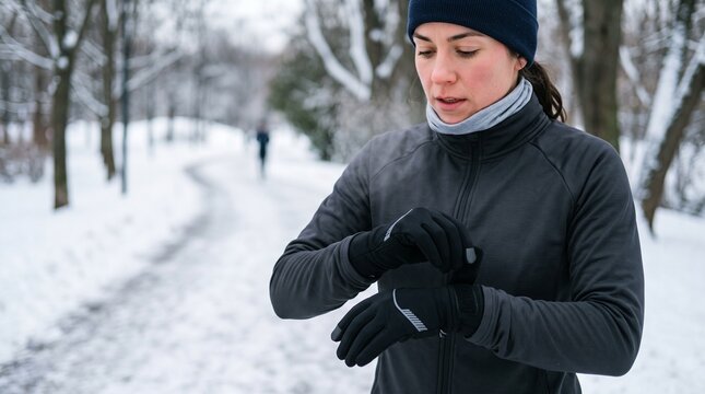 Woman adjusting thermal gloves during winter outdoor run in snowy forest path