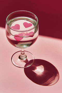 Small wine glass with floating hearts casts a heart-shaped shadow. Great for stylish posters, promotional graphics and modern visual storytelling.