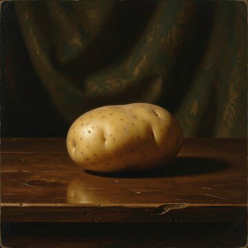 classical still life painting of a single unpeeled yellow potato resting on a rustic wooden table against a dark drapery backdrop