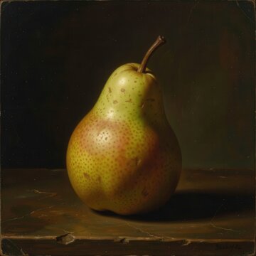 classic fine art still life oil painting of a ripe speckled yellow pear resting on a weathered wooden ledge against a dark canvas