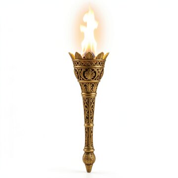 ornate carved bronze ceremonial torch with bright blazing fire flame isolated against pure white background