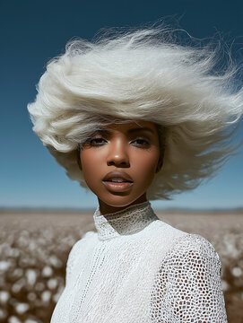 Dark-skinned woman with voluminous silver hair wears a white textured top. Great for stylish posters, promotional graphics and modern visual storytelling.