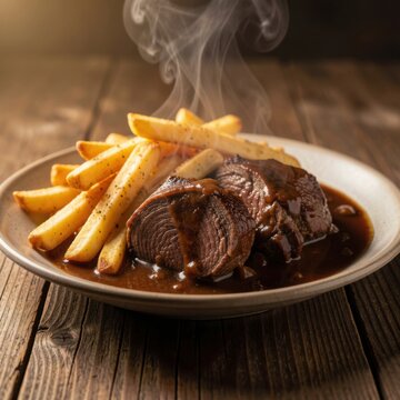 steaming tender braised beef steak served with crispy french fries and rich savory brown gravy on ceramic plate