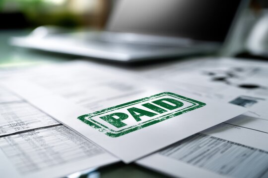 Financial documents with green paid stamp on paper highlighting completed payment status and business transaction confirmation on desk