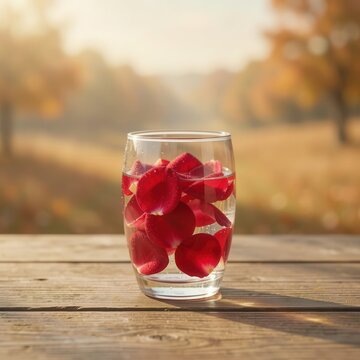 drinking glass filled with fresh water and floating red rose petals resting on rustic wooden table against golden autumn meadow