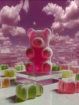 Large pink gummy bear stands on a pedestal among candies and clouds. Useful for magazine layouts, social media promotions and creative branding.
