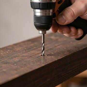 close-up of craftsman drilling pilot hole into dark reclaimed wooden beam using cordless power drill
