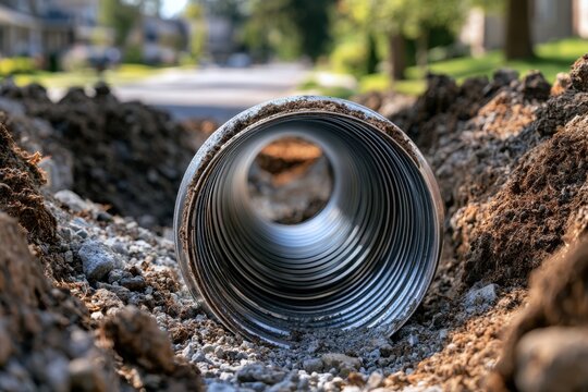 Flexible corrugated drainage pipe being installed in trench along residential street for water management and soil erosion prevention under bright daylight cond
