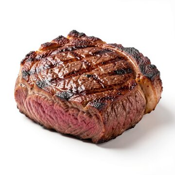 thick juicy grilled beef ribeye steak with charred edges isolated against pure white background