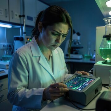 female scientist in white lab coat intently monitoring digital data on diagnostic analyzer screen in biotechnology laboratory