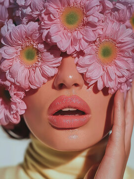 Three pink blossoms cover a woman's eyes in a symmetrical beauty portrait. Great for stylish posters, promotional graphics and modern visual storytelling.