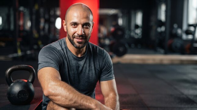 Bald man holding kettlebell after workout in gym. Intense fitness training and strength endurance concept. Healthy lifestyle and bodybuilding motivation