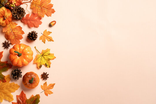 Autumn flat lay background. Pumpkins, spices and fallen leaves on color background.