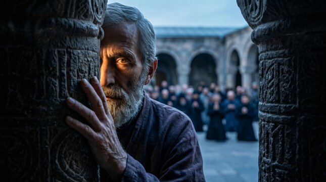 Mature man hiding behind stone pillar in ancient church and peeking at crowd. Fear and anxiety concept. Historical biblical scene with spy or betrayal theme.
