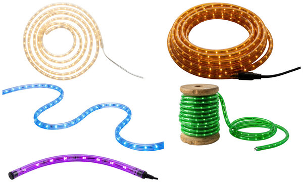 A collection of colorful glowing rope light segments shaped into coils, spirals, curves, and wound spools.