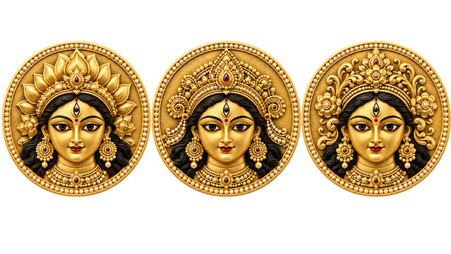Three circular golden goddess portraits with decorative crowns and intricate beaded borders for durga puja isolated on a transparent background