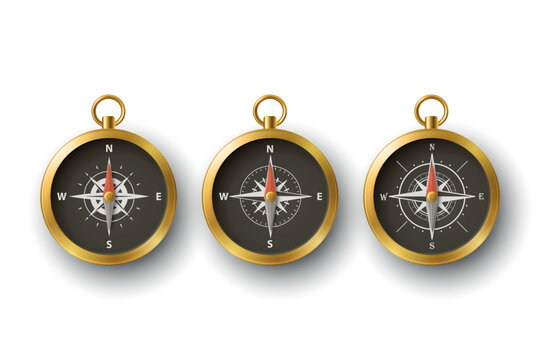 Compass Icon Set, 3d Vector Illustration. Simple Golden Magnetic Compass Icons with Black Dial, Isolated. Compass Collection. Direction and Travel Symbol Design