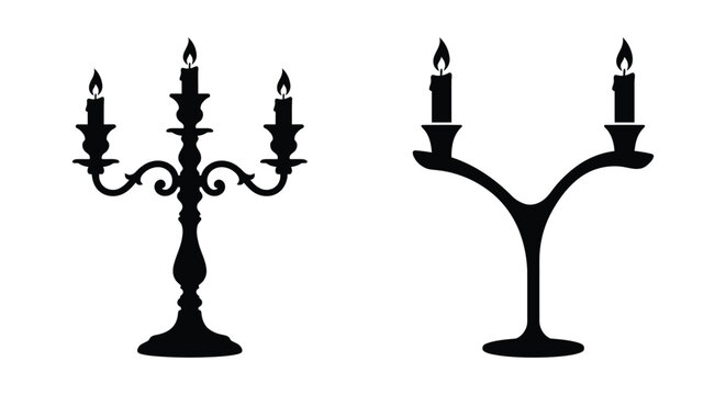 Black silhouettes of two ornate candelabras with lit candles on a white background candelabra candleholders