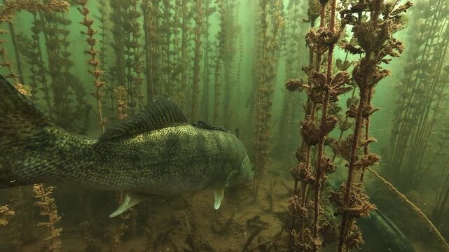 A zander swims through a dense stand of underwater milfoil. It passes a second zander resting motionless on the bottom. The camera follows the fish through the green plant stems.