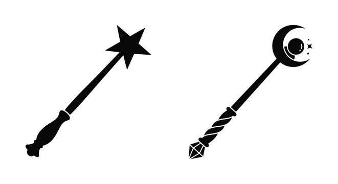 Two magic wands with star and crescent moon tops are shown in silhouette style wand