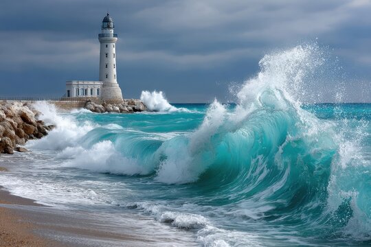 Waves crashing against a lighthouse on a stormy day by the shore