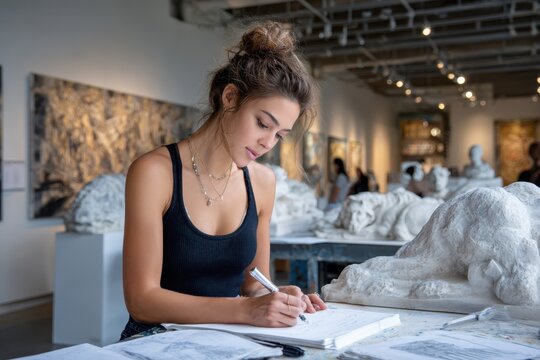 Young artist sketches sculptures in a modern art gallery during a creative afternoon