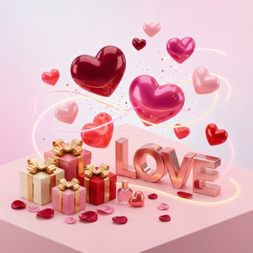3D Render of a Romantic Valentine's Day Composition with Floating Glossy Hearts, Rose Gold Metallic Love Lettering, Gift Boxes, and Rose Petals on a Pink Podium