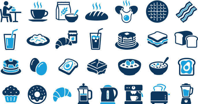Morning Breakfast and Cafe Food Icon Set Featuring Pancakes, Coffee, Eggs, Toast, Croissants, Bacon, and Kitchen Appliances Vector Graphics for Restaurant Menu Design