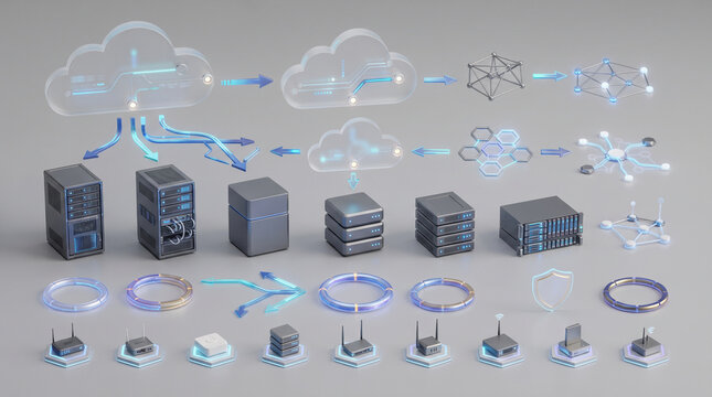 Cloud computing diagram linking servers and networks