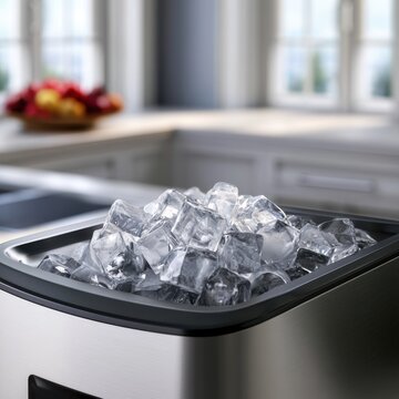 Stainless steel ice maker machine filled with crystal clear ice cubes in a modern bright kitchen setting with blurred background and natural light