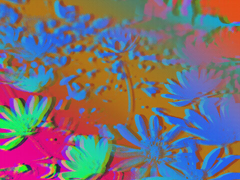 Abstract pop art halftone dots with blue flowers on a warm orange and pink background with authentic risograph print texture. Drops into a cinematic neon and poster design composition.
