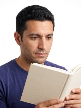 Young man reading a book with a focused expression on a plain background  
