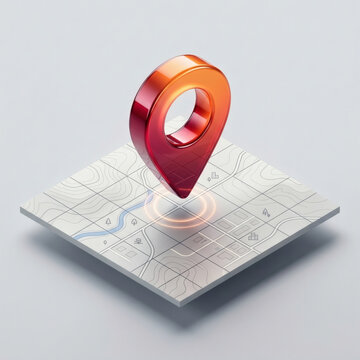Isometric 3D Glossy Red and Orange Map Pin Icon Hovering Over a Digital Topographic Map Segment for GPS Navigation and Location Tracking