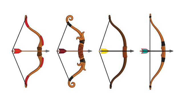 Four traditional wooden bow and arrow weapons displayed in a row with distinct curved designs